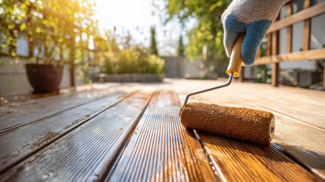 Applying wood stain with roller on outdoor deck, low angle sunlight shot