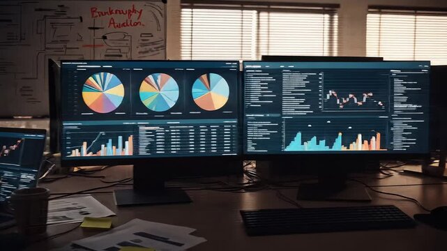 Post-bankruptcy auction leaves financial trading office deserted, screens show market data.
