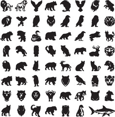 Obraz premium A large collection of black silhouette illustrations of various wild and domestic animals, including mammals, birds, and reptiles, arranged in a grid.