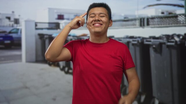 Man smiling points finger to temples on a street beside a row of recycling bins while wearing a red shirt; creative thinking playful.