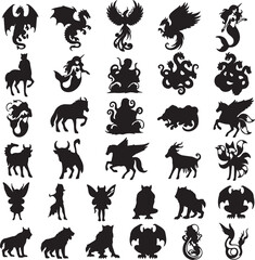 Naklejka premium A collection of black silhouettes depicting various mythical creatures and fantasy beasts from folklore and legends.