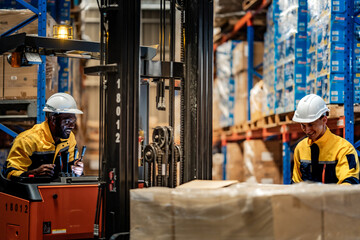 Fototapeta premium African American forklift driver showing thumbs up to Caucasian coworker checking cargo boxes. Professional industrial teamwork and heavy machinery operations in large distribution center.