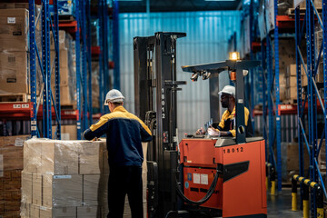 Fototapeta premium Rear view of logistics manager checking commercial package pallet while forklift operator giving thumbs up. Safe transport and inventory distribution in modern factory storehouse.