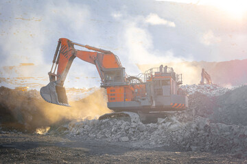 Winter open-pit coal mining with excavators in operation