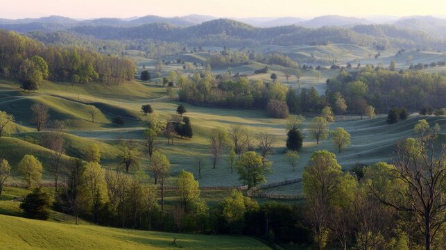 A vast Kentucky pasture in spring, rolling hills covered in blue-green grass with a silky sheen under soft sunlight, peaceful landscape,