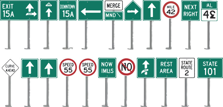 Large collection of green and white highway road signs set with speed limits exit directions and traffic navigation symbols.