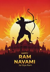 Naklejka premium Happy Ram Navami Greeting with Lord Rama Silhouette and Ayodhya Temple