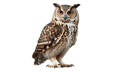 Obraz premium A portrait of a wise great horned owl and Eurasian eagle owl, wild nocturnal bird of prey predators with brown feathers and sharp eyes, isolated on white as a majestic nature wildlife hunter