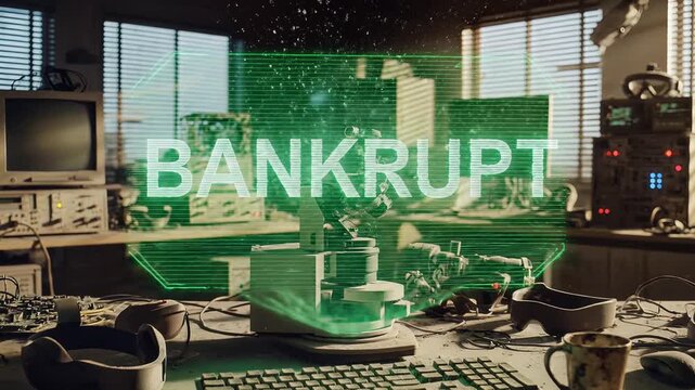 Holographic 'Bankrupt' sign appears in an abandoned, decaying tech workshop
