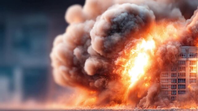 Cataclysmic Inferno: A building is engulfed in a massive explosion, with billowing smoke and intense flames erupting outwards, creating a scene of destruction and chaos.
