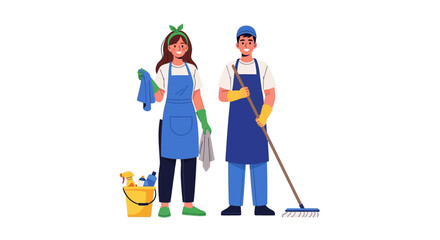Fototapeta premium Illustration of a man and woman in cleaning uniforms with cleaning supplies on a white background