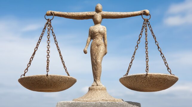 Scales of Justice Statue Depicting Fairness, Equilibrium and Impartiality Against a Blue Sky Background