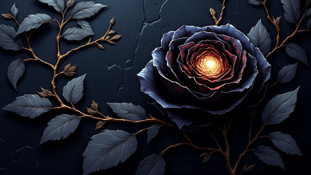 Luxury embossed Black Star flower mural on misty gray background. Embossed Blacknight blossoms with silver accents on sapphire blue. Embossed Black Baccara rose with golden petals on dark backdrop.

