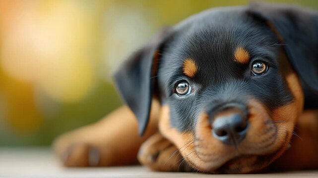 Adorable Rottweiler Puppy's Gaze: A captivating close-up of a charming Rottweiler puppy, its expressive eyes full of innocence and warmth, captured against a soft.