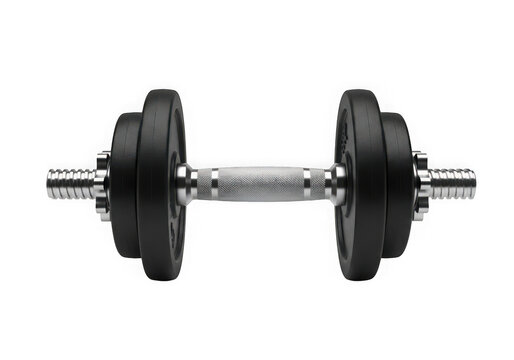 Adjustable dumbbell with black weight plates and silver handle isolated on transparent background
