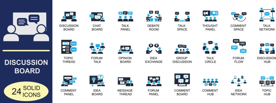 Modern solid discussion board icon set featuring forum, comment, message and community interaction symbols in bold vector style for web, mobile apps, dashboards and collaboration platforms.