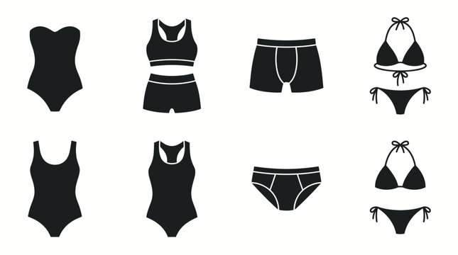 Swimwear & Undergarments Vector Silhouettes Set &ndash; Strapless One-Piece, Sports Bra, Boxer Shorts, Halter Bikini, Scoop Neck, Racerback, Briefs, Triangle Bikini Vector Illustration