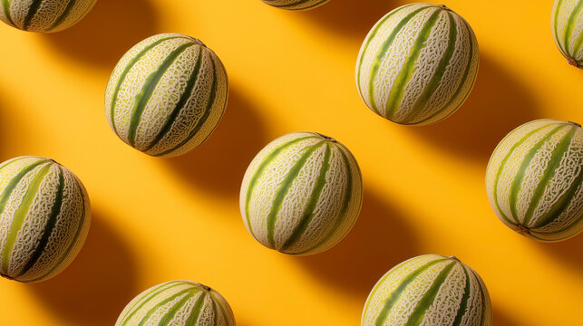 Fresh melons rest on a bright yellow background