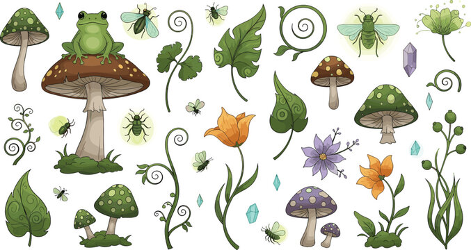 Magical forest mushrooms frogs glowing insects leaves flowers and fantasy plants whimsical hand drawn vector illustration set