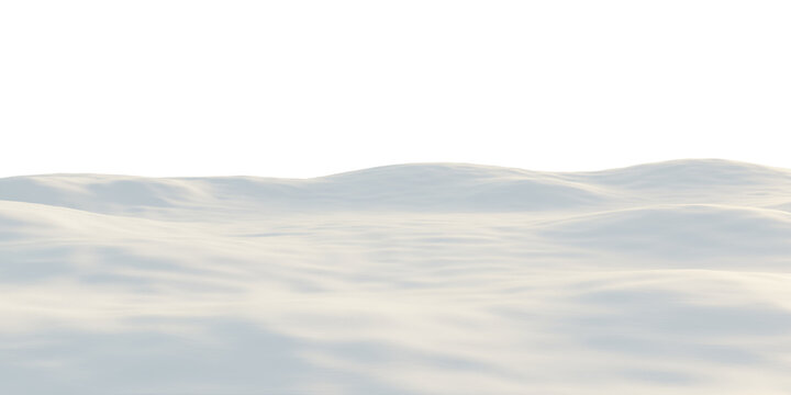 Minimal snow landscape with smooth snowdrifts and rolling winter hills creating a calm frozen scene. Clean snowy terrain isolated on transparent background, 3d rendering.