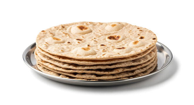Stack of Traditional Indian Roti Chapati Flatbreads on Stainless Steel Plate Isolated on White