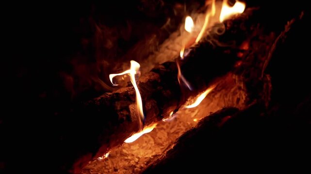 Close-up of a campfire at night, flames flickering and dancing around a burning log, creating a mesmerizing and atmospheric scene. Perfect for nature documentaries, adventure films.