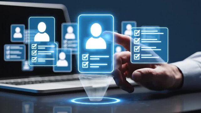 Hand interacting with futuristic holographic user interface displaying profiles and checklists on a tabletop with a laptop background dynamic digital interaction