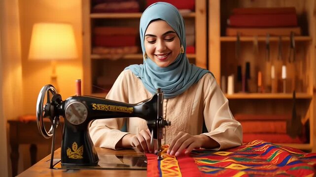 Muslim Woman Sewing Patterned Fabric on Vintage Machine