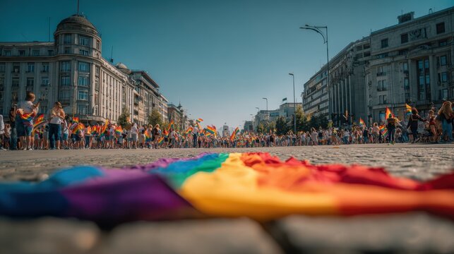 Pride Parade Celebration with Rainbow Flags Waving on City Streets, Symbolizing Equality and Community Support