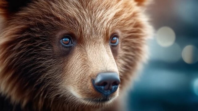 Curious Gaze of a Young Bear: A captivating close-up portrait of a young bear, with soulful eyes that meet yours, evoking a sense of wonder and curiosity.