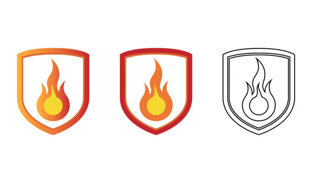 Three fire safety shield icons set, vector illustration of fire flame in shield outline, red, and orange gradient versions for protection concepts