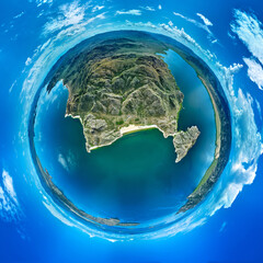 Fototapeta premium Little Planet 360 degree aerial panorama of Bukhtarma Reservoir and mountains in Kazakhstan (Qazaqstan)