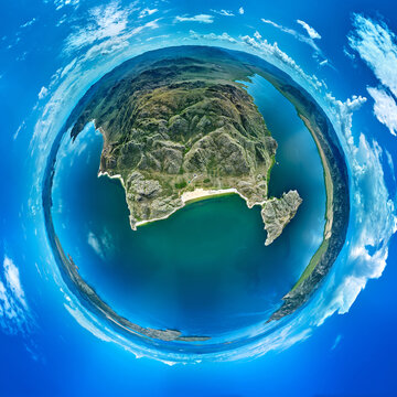 Little Planet 360 degree aerial panorama of Bukhtarma Reservoir and mountains in Kazakhstan (Qazaqstan)