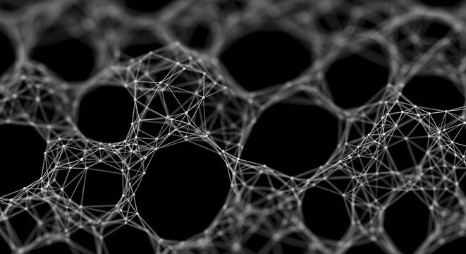 Abstract cellular network structure with interconnected nodes and lines on dark background