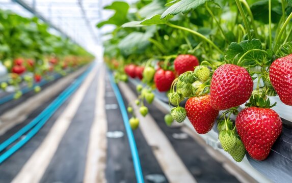 Strawberry Cultivation in a Modern Greenhouse: Fresh, Organic Produce Growing with Hydroponic System Technology for Sustainable Agriculture