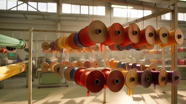 Rows of Colorful Thread Spools in a Textile Factory