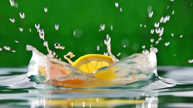 A high-speed shot freezes the dynamic moment a water drop creates an intricate splash on a surface, revealing a blurry orange object.