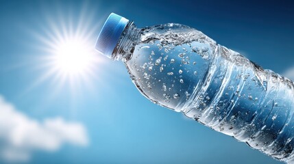 Refreshing Bottled Water Against a Sunny Blue Sky Backdrop, Promoting Hydration and Healthy Lifestyle