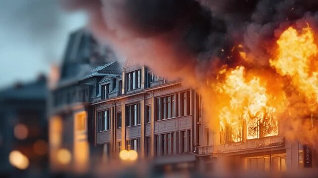 Flames Devouring Building: Flames consume a building, smoke billowing into the sky, creating a dramatic scene of destruction and the raw power of nature.