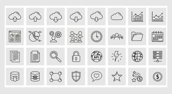 Modern Line Icons Set: Cloud Computing, Data Analysis, Business & Technology Concepts