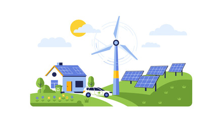 Fototapeta premium Eco friendly home, renewable energy, solar panels, wind turbine, sustainable living