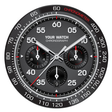 Realistic steel watch chronograph black red face dashboard on white background design modern luxury for men fashion vector