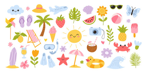 Cute summer holiday icon set. Sun, beach objects, fruits, drinks, and tropical elements. Perfect for travel design, kids projects, stickers, and seasonal branding © Stacy Draw