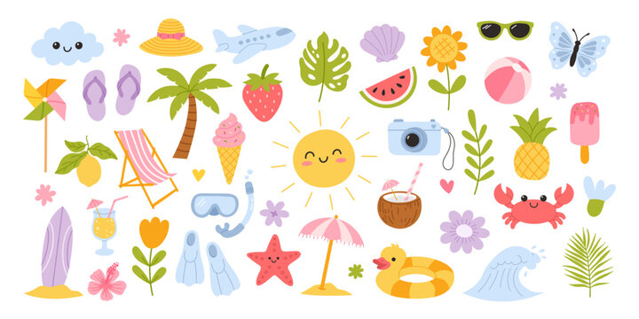 Cute summer holiday icon set. Sun, beach objects, fruits, drinks, and tropical elements. Perfect for travel design, kids projects, stickers, and seasonal branding