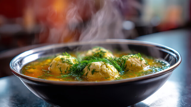 close-up of a steaming hot bowl of matz
