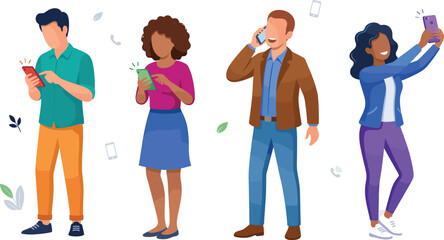 Obraz premium Diverse people using mobile phones for social media, texting, calling, and taking selfies in a flat vector illustration