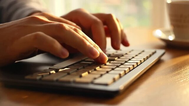 Close-up of human hands efficiently typing on a modern computer keyboard bathed in warm, soft natural light.