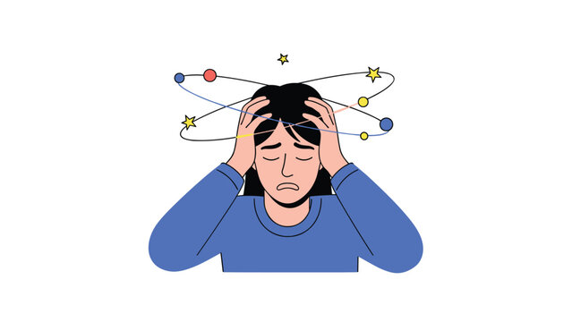 Stressed woman holding her head as stars and celestial bodies spin around symbolizing dizziness, mental fatigue, or severe headache.
