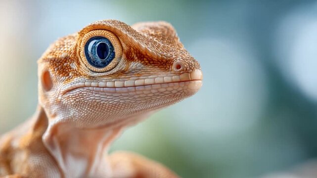 Captivating Gecko Portrait: A close-up shot of a gecko, its large, mesmerizing eye and intricate skin patterns showcased against a soft, blurred background.