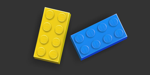 Fototapeta premium Realistic yellow and blue Lego plastik constructor parts 4x2 isolated on dark grey background. Vector editorial illustration
